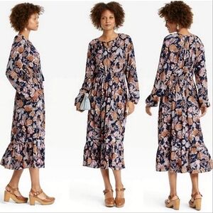Knox Rose Floral Crinkle Long Sleeve Peasant Boho Midi Dress Size L
